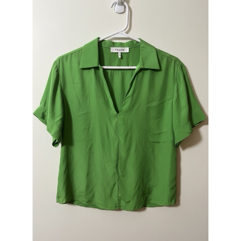 FRAME Short Sleeve Silk Top‎ XS Peridot Unique Stitch Design Easy French Luxe